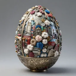 faberge egg made of metal, cotton textures, yarn, metal, war photography, polychromatic - colors, massive scale, huge, metallic, iron