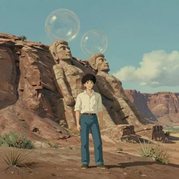 hyperrealist studio ghibli dull colors portrait from close encounters of the third kind 1 9 7 7 of a cliff with two stone statues swaying in a desert cliff bubble monument valley