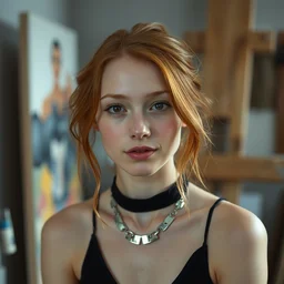 a portrait photograph of a crazy beautiful young woman painter in her studio, wearing a black dress and silver necklace, copper hair, dof, sharp focus, slight smile, pale, highly detailed face, symmetric face, 4 k, cinestill 8 0 0 t, exif, raw, photography by bill henson