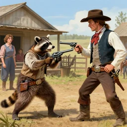 photorealistic full - color storybook illustration of : during a hoedown at a saloon in the old west, an angry anthropomorphic raccoon dressed as a cowboy is having a duel with “ daniel day - lewis ” and they are holding revolvers. frightened “ nancy reagan ” is watching them. color professional hyper - realistic drawing.