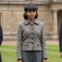 TV still, a young Indian woman wearing a tweed jacket and grey trousers, and a flat-top hat, from the tv show Downton Abbey (2010)