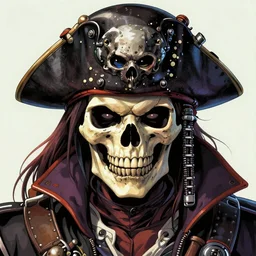 realistic detailed beautiful close up portrait a menacing space pirate with skull helmet by Anna and Elena Balbusso, akira, ghost in the shell, violent anime, sci-fi, rich deep vibrant colors
