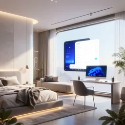 a photo of a futuristic appartment flat with bed, sofa, pc on table, highly detailed, sharp focus, unreal engine highly rendered, radiant light