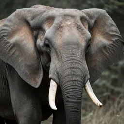 man with an elephant trunk nose, grey wrinkled skin, tusks, portrait