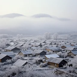 realistic documentary photo of a a winter frost crystal cloud village 1 9 9 0, life magazine reportage photo, neutral colors, neutral lighting