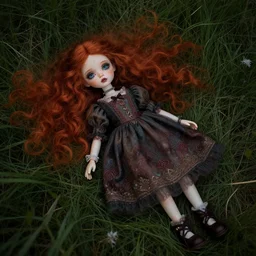 masterpiece full body portrait of an ENCHANTED DOLL by Marina Bychkova lying in the grass. Red hair, freckles, dramatic lighting, 8k