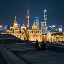 a small rooftop with a couple of people sitting and watching the view, shanghai bund is on the background, night, by edward hopper