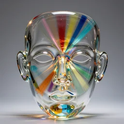 photo of a glass sculpture of a close up of a face with lots of colors and light rays concept eclectic, very high detail
