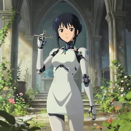 anime kyoto animation key by greg rutkowski, perfectly detailed android girl in abandoned chapel with overgrown flowers and plants