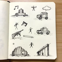 student composition notebook doodles, crude, simple pen drawings, war stuff, stick figures