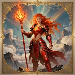 a beautiful young princess who is a fire wizard with fire red hair and freckles. she is holding a glowing magical staff. she is wearing modest red dragon armor with an exposed midriff. she is standing on a mountain top with epic clouds, god rays, and volumetric lighting. an intricate illustration that is a highly detailed digital painting. concept art by artgerm with border and embellishments inspired by alphonse mucha. inspired by brom art and larry elmore.