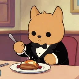 huggy wuggy from poppy playtime severing food wearing a tuxedo