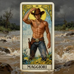 a dramatic, epic, ethereal tarot painting of a handsome!! brown shirtless cowboy ((((with hat)))) | background is a torrential flooding river | tarot card, art deco, art nouveau | by Mark Maggiori | trending on artstation