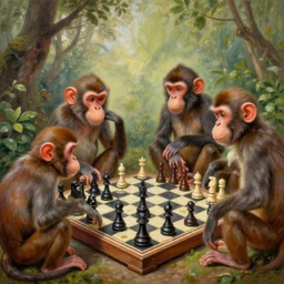 a highly detailed beautiful painting of chess played by monkeys, by gregory manchess, james gurney, james jean