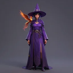 Young beautiful short woman in purple witch robes and pointy hat with a small pet phoenix on her shoulder, full body shot unreal engine hyperreallistic render 8k character concept art masterpiece digital art by Greg Rutkowski, Simon Stalenhag, trending on Artstation, CGSociety