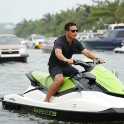 Lawyer riding a jetski in traffic
