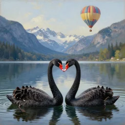 photo of two black swans swimming in a beautiful reflective mountain lake, touching heads, forming a heart with their necks, a hot air balloon flying above the swans , granular detail, oil on canvas, intricate, portrait, 8k highly professionally detailed, HDR, CGsociety, octane render, 4k, f32,55mm photography, wide angle