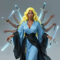 Beautiful Mesmer 40 years old Woman, light yellow hair, blue eyes, dark brown skin, Light blue and black robes, covered, no cleavage, no visible midriff, and floating illusory swords, multiple illusory arms, visible face, by Frank Franzetta, cgsociety, artstationHD, safebooru, high quality, HD