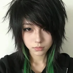 a pale emo girl with medium messy black hair, a green streak, soft facial features, bangs covering an eye, 2 0 0 8, myspace photo