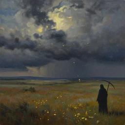 breathtaking oil painting with palette knife of a plains landscape in luxurious nature, with intricate art nouveau moody dark tumultuous clouds, at dawn with golden petals flying, grim reaper silhouette with scythe, concept art, matte, by krista schumacher and georgia hart,