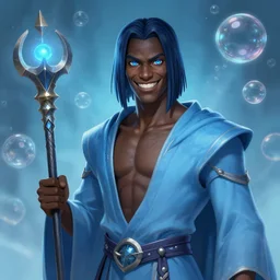 Portrait of a Male hydromancer, DND, D&D, navy hair, short straight hair, light blue robes, black skin!, blue eyes, grin, metallic scepter, bubble background, exposed midriff, extremely detailed, high fantasy, by frank franzzeta, mcbess, WLOP, Genzoman and gary gygax, trending on artstation, artstationHD, artstationHQ, deviantart, 16K, HD, matte painting, vibrant colors