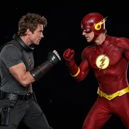 a duel between warner and ezra miller as flash ( right ), in space, shot on alexa, trending on hollywood reporter