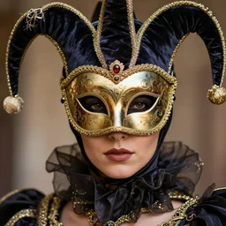 female warrior jester with ornate venetian mask, highly detailed, 8 k, hdr, close up, smooth, sharp focus, high resolution, award - winning photo, artgerm