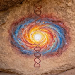 cave painting in new mexico depicting the big bang and dna, painted by cavemen