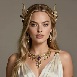 Margot Robbie as a Greek Goddess, cute, fantasy, intricate, elegant, highly detailed, digital painting, 4k, HDR, concept art, detailed jewelry, smooth, sharp focus, head and waist potrait, art by Artgerm and H R Giger and Greg Rutkowski and Alphonse Mucha