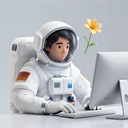 a man in a space suit with a flower hovering near his computer head a computer rendering by Mike Winkelmann, trending on cgsociety, retrofuturism, uhd image, rendered in cinema4d, hard surface modeling,