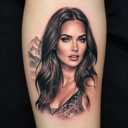 double exposure effect tattoo design sketch of megan fox with beautiful mountain scenery, realism tattoo, in the style of den yakovlev, amazing detail, sharp