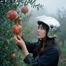a closeup portrait of a woman wearing a helmet made of reflective mylar, picking pomegranates from a tree in an orchard, foggy, moody, photograph, by vincent desiderio, canon eos c 3 0 0, ƒ 1. 8, 3 5 mm, 8 k, medium - format print