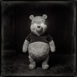 daguerreotype photograph of winnie the pooh with [ [ [ glowing eyes ] ] ] standing creepily in the middle of a pitch black room, pitch black, light coming only from his eyes, creepy, dramatic lighting