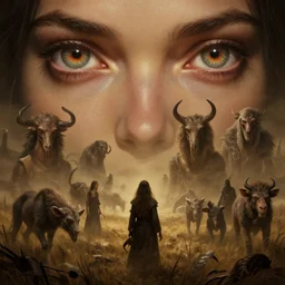 epic professional digital art of hungry eyes, ambient tan light, painted, mysterious, cinematic prairie terrifying animals scene, person, eerie, mythic, detailed, intricate, grand, leesha hannigan, wayne haag, reyna rochin, ignacio fernandez rios, mark ryden, van herpen, artstation, cgsociety, stunning, gorgeous, wlop epic epic