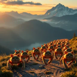 an army of crab - walking cats, serene swiss landscape, digital artwork, photorealistic, sunset, very detailed, beautiful, volumetric lighting, high quality