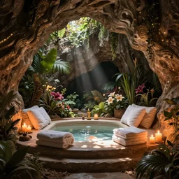 cozy bathhouse hidden in a cave, candlelight, towels, cushions, natural light, lush plants and flowers, elegant, intricate, fantasy, atmospheric lighting, digital painting, concept art