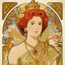 well - lit art nouveau portrait of queen sirikrit of thailand who resembles sadie sink with red hair as a princess with intricate, ornate jewelry, natural lighting, path traced, highly detailed, high quality, cartoon, digital painting, by don bluth and ross tran and studio ghibli and alphonse mucha