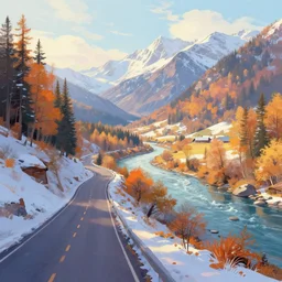 Peace valley landscape wonderland road path and river winter fall pastel beauty Digital painting artstation by Krzysztof Maziarz   A Spectacular View  cinematic lighting comic book illustration, by John Kirby
