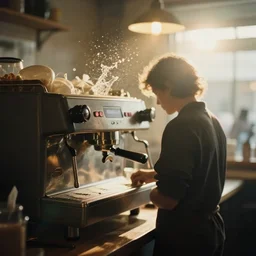 a 2 8 mm macro photo from the back of a barista standing at the espresso machine in a cozy cafe, splash art, movie still, bokeh, canon 5 0 mm, cinematic lighting, dramatic, film, photography, golden hour, depth of field, award - winning, anamorphic lens flare, 8 k, hyper detailed, 3 5 mm film grain, hazy