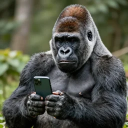 a gorilla laughing while watching tik - tok on his phone,