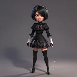 pixar character : hyperrealistic full - body portrait of beautiful woman journalist alex wagner as a dark - haired nier automata, with black bob hairstyle and mischievous smile, by pixar, disney animation, highly detailed, dynamic shadows, 4 k, splash art