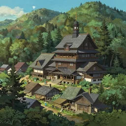 concept art painting of a historic bakery with european and japanese architecture, in a woodland village surrounded by trees, in a mountain valley, realistic, detailed, cel shaded, in the style of makoto shinkai and greg rutkowski and james gurney