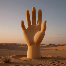 sci-fi scene of a HAND sculpture made of silicone, standing at the center of a desert in the twilight by syd mead and michaelangelo