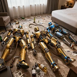 3 shiny golden and blue metallic steampunk humanoid robots with gears and tubes laying passed out in a messed up hotel room with empty bottles all over the floor, pressphoto, dawn light, insanely detailed, 3 5 mm lens, wide shot
