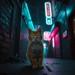 ginger cat in the alley, neon lighting, rendered in unreal engine, trending on artstation, cyberpunk, night