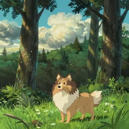 a sheltie in a ghibli movie, tall trees, green grass, puffy clouds