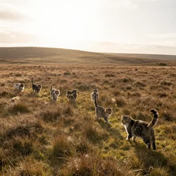 a field moorland with a group of cats travelling, trending on artstation, by wayne mcloughlin, backlighting