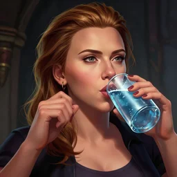 portrait of scarlett johansson drinking water in team fortress 2 style, detailed face, dark fantasy art, fantasy, pretty, hd shot, digital portrait, beautiful, artstation, comic style, by artgerm, guy denning, jakub rozalski, magali villeneuve, neoartcore and charlie bowater