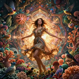 ridiculously beautiful young woman tripping, psychedelics, nature, coral, birds, symmetrical, in the style of ernst haeckel, effervescent, warm, hyperrealism, photo realistic, epic and cinematic,