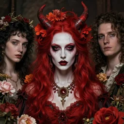 portrait of the redskin queen of the underworld, surrounded by flowers by karol bak, james jean, tom bagshaw, rococo, sharp focus, trending on artstation, cinematic lighting, hyper realism, octane render, 8 k, hyper detailed.